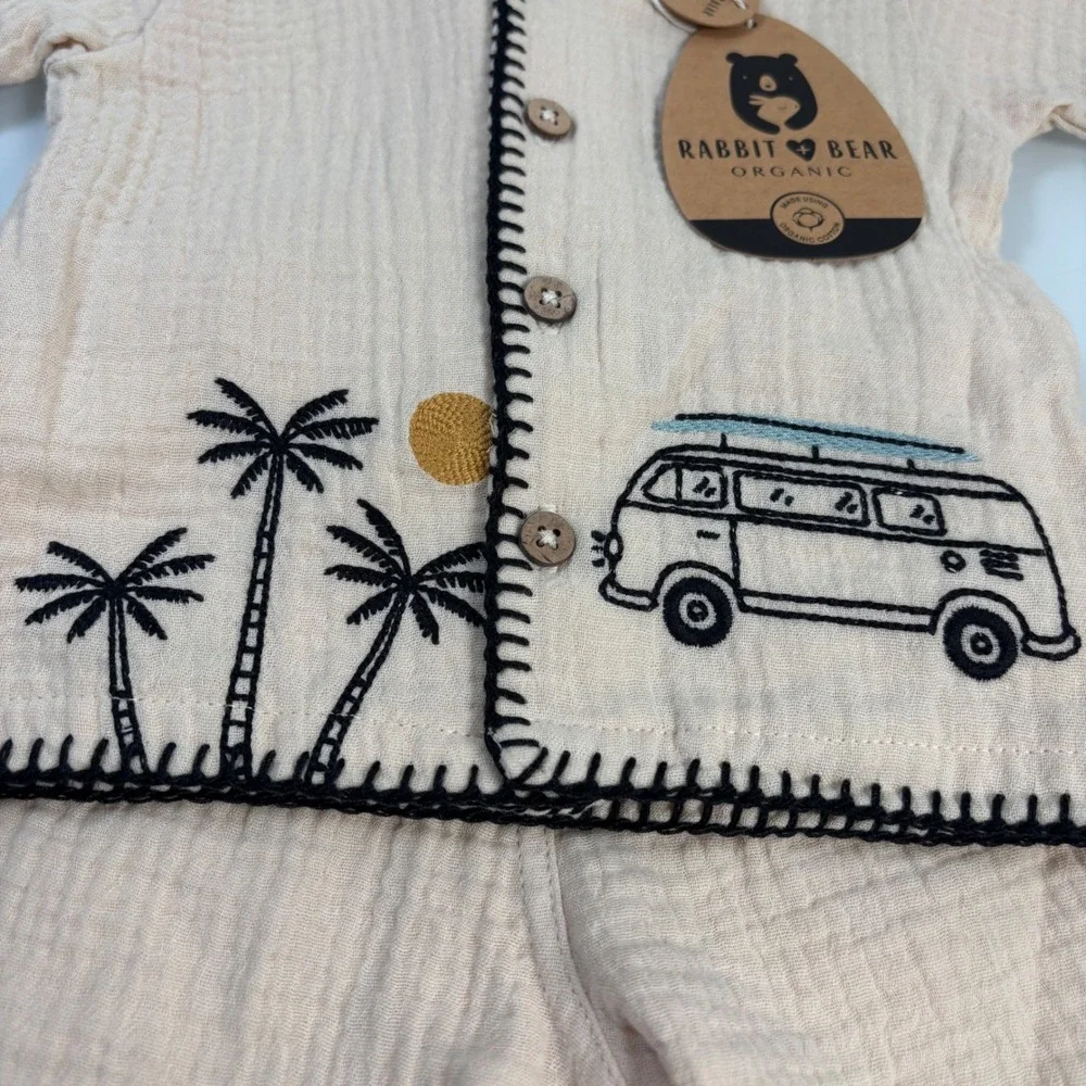 Rabbit + Bear Kids 6-9M Beige Short Set NEW Organic Cotton Gauze Surf Van Beach